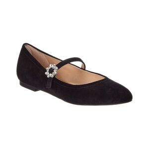 Stuart  Weitzman  Aura  Black Suede Flats with Crystal / Pearl Buckle  Accent